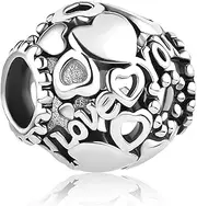 [LSxAB] Silver I Love You Heart Charm Compatible with Pandora Charm Bracelet Women Girls Bead Hollow Birthday Anniversary, No Gemstone
