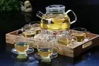 8 Pc Tea Set Euro Style Glass Teapot 700ml + Heart Warmer + 6 Cups With Saucer