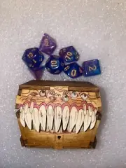 Dungeons & Dragons Mimic Wooden Dice Storage Box & Purple & Gold Polyhedral Set