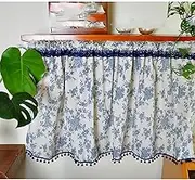 1 Panel Rod Pocket Window Treatments, Country Rustic Cotton Linen Window Valance Semi Sheer Privacy Added Valance Curtains Small Drape for Bathroom Bedroom Over Sink, WxL(Blue,140x110cm(55x43in))