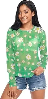 [ODAWA] Daisies Green Plaid Long Sleeve Mesh Shirt Mesh Crop Tops O Neck Clubwear for Women
