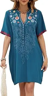 [St.Lareina] Women's Embroidered Mexican Peasant Dresses Short Sleeve, Plus Size Boho Dress Fiesta Traditional Floral Tunic