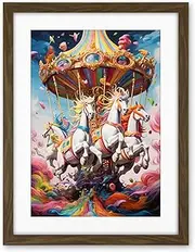 Artery8 Magical Carousel in Rainbow Clouds Bright Bold Vibrant Fantasy Kids Bedroom Baby Nursery Artwork Framed Wall Art Print 18X24 Inch