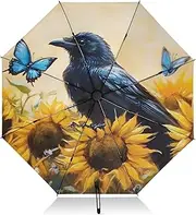 [PDZRMY] Crow Sunflower Butterfly UV Protection Travel Umbrella Compact for Rain and Sun - Auto Open and Close UPF 50+ Windproof Portable 46” Sun Umbrella for Women and Men