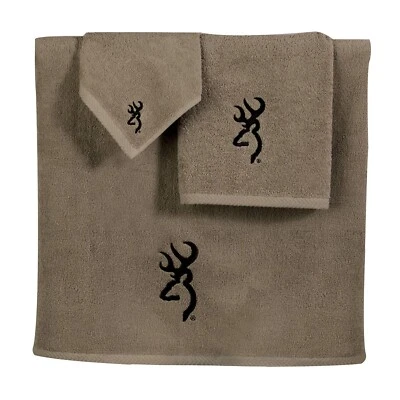 Browning Buckmark 8pc Bath Accessory Set Khaki Terrycloth Towels Brown/Tan Resin