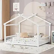 GALOSOM Full Size House Floor Bed with Guardrails & Roof, Wooden Montessori Beds with Slats Support, Floor Bed Frame for Boys Girls, No Box Spring Needed, White