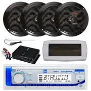 Dual Bluetooth Marine Radio, Cover, Antenna,Amp w/Kit, 4x 8'' 180W Black Speaker