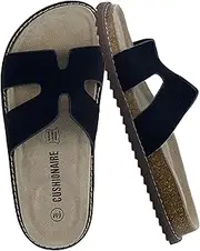 [CUSHIONAIRE] Wisdom Womens Sandals Cutout Strap Genuine Leather Slides – Slip On Cork Footbed Sandals for Women 2025