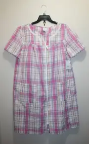 CROFT & BARROW NIGHTGOWN FULL ZIP SHORT SLEEVE PLAID LAVENDER PINK WHITE SIZE L
