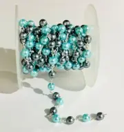 6mm Black and Sky Blue Shell pearl beads Bulk roll, Silver plated rosary by feet