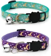 2 Pack Breakaway Cat Collar with Bells,Adjustable Moon and Star Kitten Safety Collars (Green，Purple, 1 * 32CM)