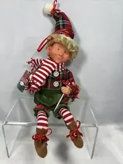 Christmas Elf Shelf Sitter Plaid Shirt And Hat With Sewing Needle And Thread 9"