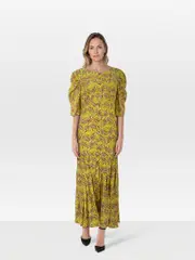 Yellow & Purple Silk Leaf Print Buttoned Dress