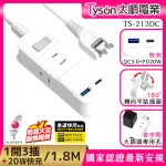 【TYSON 太順電業】PD快充20W延長線-1.8M(2孔1切3座+PD+QC3.0)