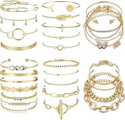 [Magitaco] 30 PCS (6 PACK) Boho Gold Chain Bracelets Set for Women Multiple Layered Stackable Open Cuff Wrap Bangle Adjustable Fashion Paperclip Link Italian Cuban Jewelry for Women Gift, [Adjustable],