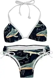 [Generic] Women's Two Piece Halter Neck Bikini Swimsuits Padded Blue Sea Whales Print Swimwear Bathing Suits L