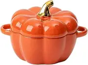 FYUEROPA Pumpkin Bowl Set with Lid and Handle, 14 Oz Ceramic Ramekins for Baking, Casserole Dish Individual Severing Pot, Stoneware, Oven Safe (Orange)