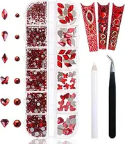 Yatinkim 810pcs Red Nail Art Rhinestones Set Crafts Eye Face Gems Nail Jewels Manicure Charms Design Makeup Supplies Accessories Shiny Wax Pencil