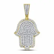 10kt Yellow Gold Mens Round Diamond Hamsa Hand of Fathima Charm Pendant 1-1/4