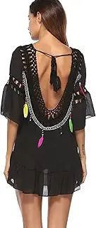 [Wemi] Sexy Open Back Bikini Cover Tunic Tassel Swimwear See Through Crochet Boho Swim Beach Dress