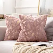2x Square Throw Pillows Decorative Faux Fur Gold Feathers Gilding Leaves Cushion Cases Soft Fluffy(Inserts + Pillow Covers,Heather Pink)