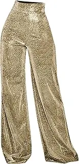 ZALHIN Sparkly Wide Leg Pants | Shiny Glitter Trousers | Soft Flare, Elastic Long Lounge Pant, Loose Flare Bell Bottom Pants for Stage Performance Gold