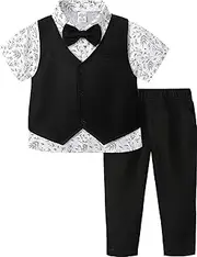 [A&J DESIGN] 4pcs Baby & Toddler Boy Suit Print Shirt Set for 12 Months - 5T, Shirt & Pants & Vest & Bow Tie