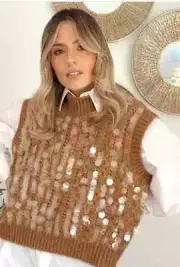 ZARA NEW WOMAN SEQUINNED KNIT WAISTCOAT VEST CARAMEL SIZE S REF.3920/175