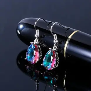 POLYSUTT熱賣新款七彩石水滴梨形耳環 歐美鍍白金彩虹色耳墜飾品