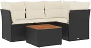vidaxl Garden Sofa Set - Black Poly Rattan - 5 Piece Modular Outdoor Lounge with Acacia Wood Table for Patio, Backyard, Terrace use - with Cream White Cushions