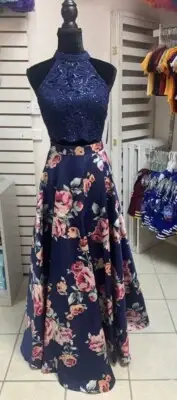Size 1 Navy Floral 2 Pc Prom Homecoming Pageant Formal Gown Dress NWT