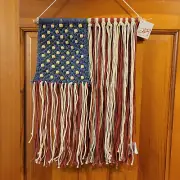 Handmade Macrame American Flag Red White Blue Beaded Rope Wall Hanging