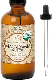 US Organic Macadamia Nut Oil Unrefined Virgin, Certified Organic, Pure & Natural, Cold Pressed, in Amber Glass Bottle Glass Eye dropper for Easy Application (4 oz (Large))