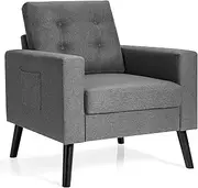 Giantex Modern Accent Armchair, Upholstered Single Sofa Chair w/Rubber Wood Legs & Two Side Pockets, Comfy Linen Fabric Armchair with Button TuftedBack Cushion for Living Room Bedroom Office (Grey)