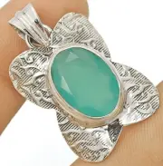 Natural Aquamarine Chalcedony 925 Sterling Silver Pendant 1 1/2" Long @B6-1