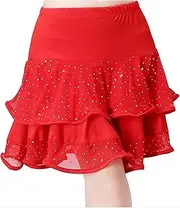 [TiaoBug] Womens Shiny Sequin Short Skirt High Waist Tiered Ruffled Hem Dance Skirt for Salsa Spanish Dance