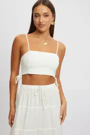 White Crop Cami Top Side Ruched Linen Blend - Size 16XL, Women's Crop Top