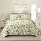Cotton Bedspread Quilt Sets - Reversible Patchwork Queen Green/Pink Floral