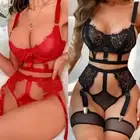 Women Sexy Lace Underwire Push Up Garter Belt Lingerie Set Sheer Bra and Panty