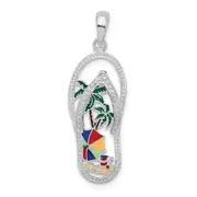 Sterling Silver De-Ani Rhodium-Plated Enameled Beach Scene Flip-Flop Pendant