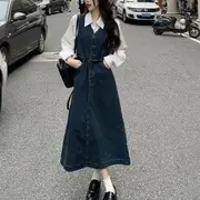 Long-Sleeve Plain Shirt / Denim Midi A-Line Overall Dress with Belt Dress - Blue - S