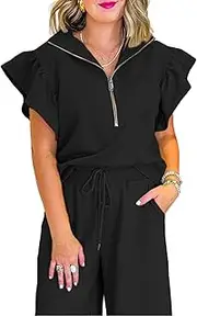 [SELINK] Two Piece Sets for Women Summer Outfits Ruffle Cap Sleeve Zip Top Wide Leg Pants Lounge Set Tracksuits