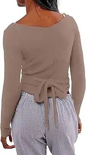 [OFSOAK] Womens Wool Tie Front Tops Crop Top Solid Long Sleeve Solid V-Neck Lightweight Crochet Cardigan Crop