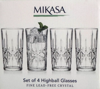 New Mikasa Sydney Highball Glasses Set 4 Beverage Glasses 11.75 oz Fine Crystal