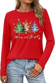 [VVNTY] Christmas Shirts for Women: Merry and Bright T Shirt Long Sleeve Christmas Tree Shirt Christmas Vacation Tees