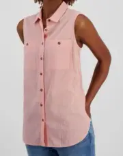 Nautica Jeans Women's Pink Cotton Gauze Sleeveless Button-Up Tunic Top Size XL