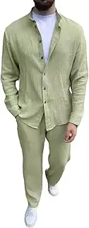 [HanzhuoLG] Men's Fashion Tracksuit Set Solid Color Casual Loose Lapel Long Sleeve Shirts & Pants Two Piece Set Small Light Green