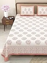 Marusthali Indian Traditional Cotton Bed Sheets King Size Bed Cotton Jaipuri Hand Block bedsheet Handmade Rajasthani Bed Sheet 180 tc Bedspread 90 x 108 inches (Peach,White)
