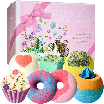 Natural Bath Bomb Gift Set - 7 Handmade Bubble Bombs for Women & Kids