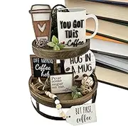 Coffee Tray Decor Set - Wooden Decorations Tiered, Farmhouse Coffee Bar | High-Quality Wood Rustic Vintage Style Tray Accents, Perfect for Party Table Centerpieces and Coffee Bar Displays